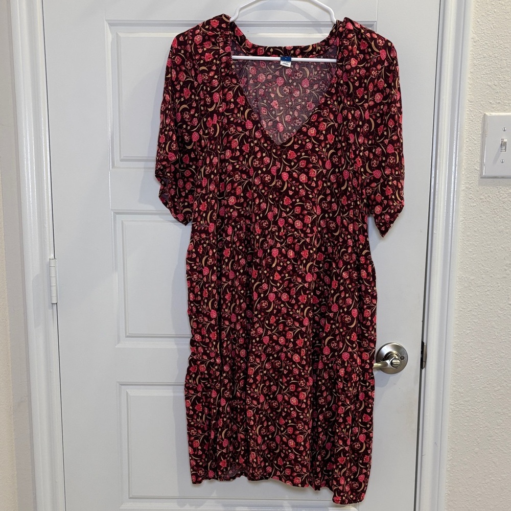 Old Navy Floral Babydoll Dress Large Red Pink Boho Cottagecore Mini